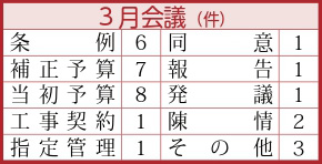 条例6件、補正予算7件、当初予算8件、工事契約1件、指定管理1件、同意1件、報告1件、発議1件、陳情2件、その他3件