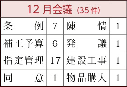 条例7件、補正予算6件、指定管理17件、同意1件、陳情1件、発議1件、建設工事1件、物品購入1件