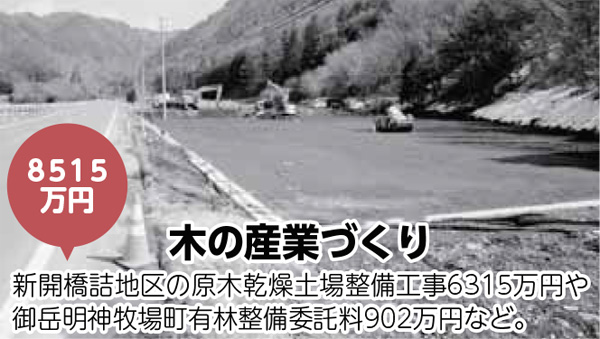 木の産業づくり／新開橋詰地区の原木乾燥土場整備工事6315万円や御岳明神牧場町有林整備委託料902万円など。
