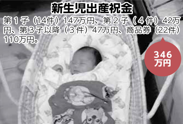 新生児出産祝金／第１子（14件）147万円、第２子（４件）42万円、第３子以降（３件）47万円、商品券（22件）110万円。