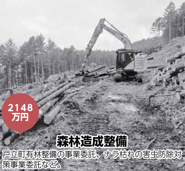 森林造成整備／戸立町有林整備の事業委託、ナラ枯れの害虫防除対策事業委託など。